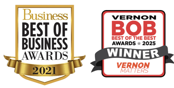 Vernon Best of Business 2021 and Best of the Best 2025 award badges
