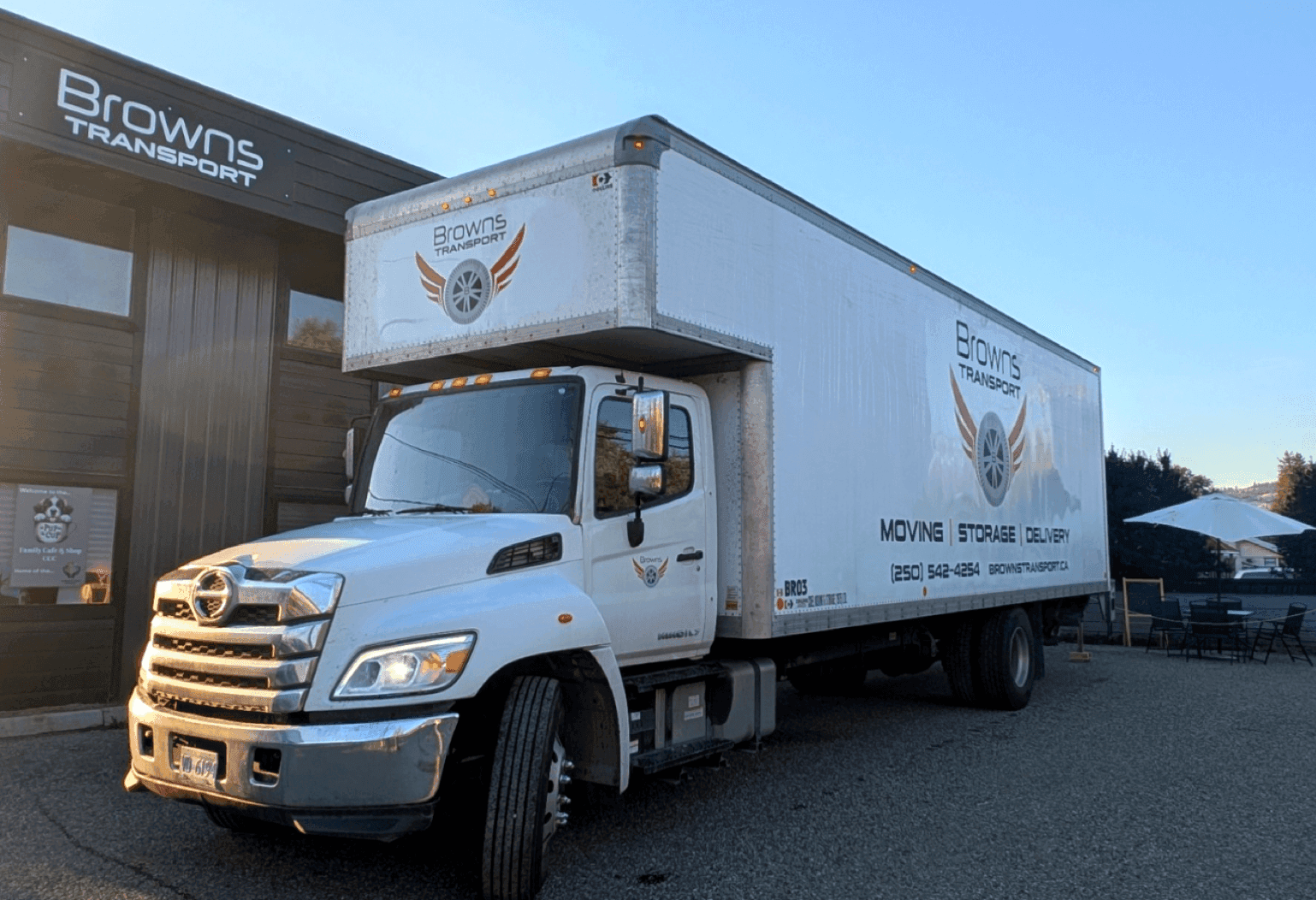Browns Transport truck at the Vernon yard at dusk