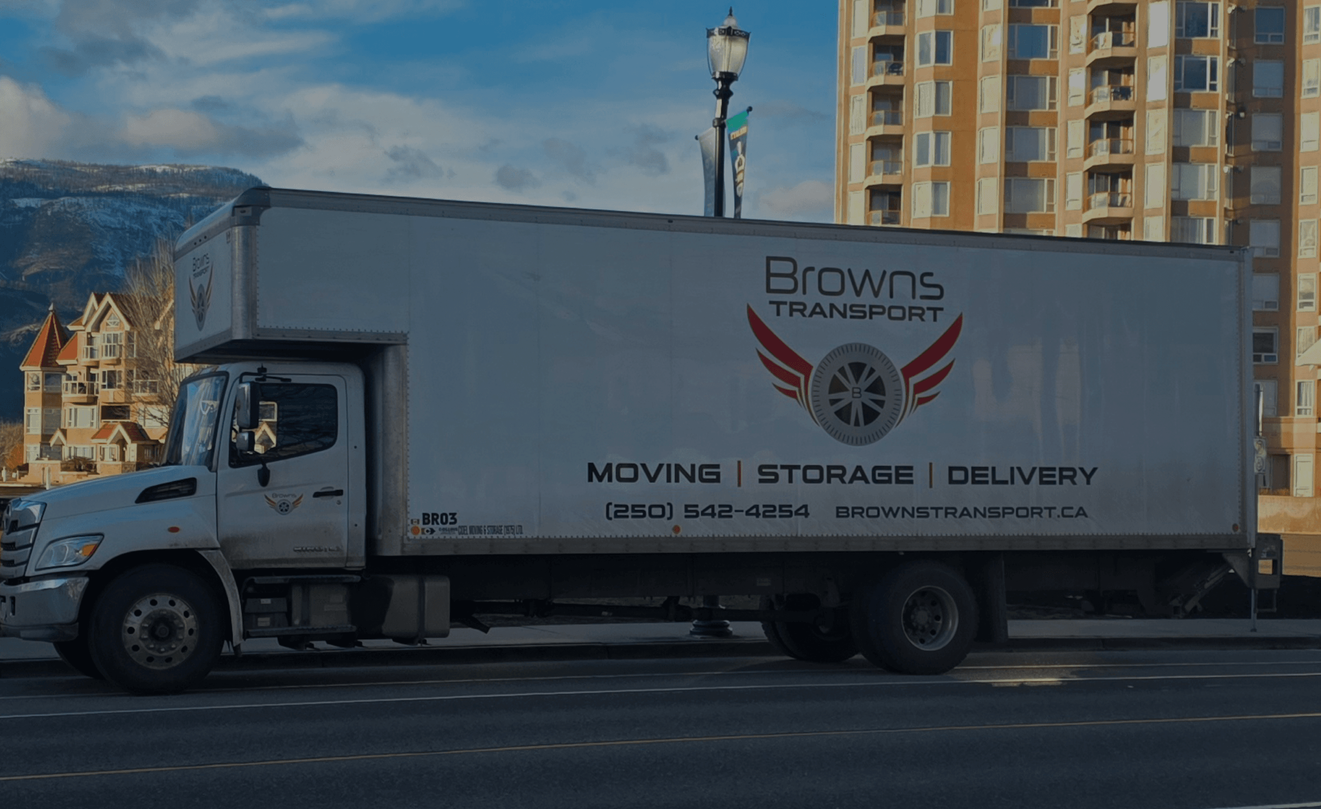 Browns Transport truck in downtown Vernon at dusk