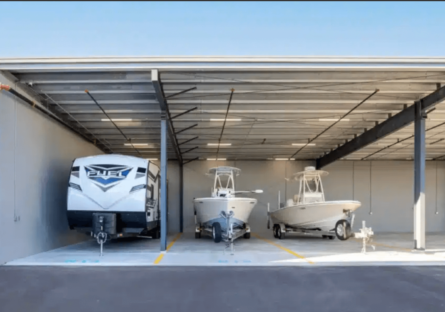 Covered RV and boat storage bays