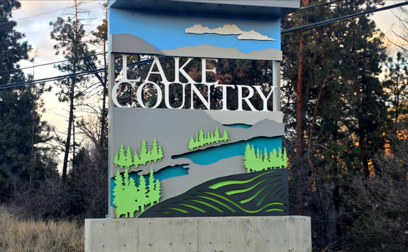 Lake Country BC community sign at sunset, representing Browns Transport's local moving, hot shot and flat deck delivery service area.